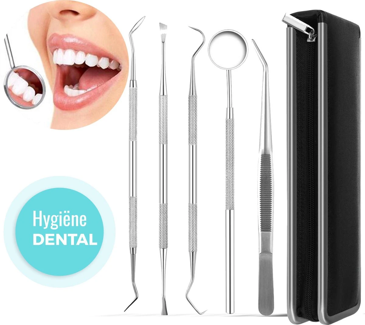 Tandarts Setje - Professioneel - Tandsteen Verwijderaar – Mondspiegel – Tandartshaakje – Tandsteenhaakje - Gebitsverzorging – Inclusief Luxe Etui - 6-delig - RVS 3 Tandarts Setje - Professioneel - Tandsteen Verwijderaar – Mondspiegel – Tandartshaakje – Tandsteenhaakje - Gebitsverzorging – Inclusief Luxe Etui - 6-delig - RVS