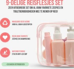 Reisflesjes Set 9-delig - Reisset - Reisflesjes Handbagage - Reis Toilettas - Reisflacons - Vliegtuig - Navulbare Reisflesjes - Roze -Lichaamsverzorging Winkel 1200x1124