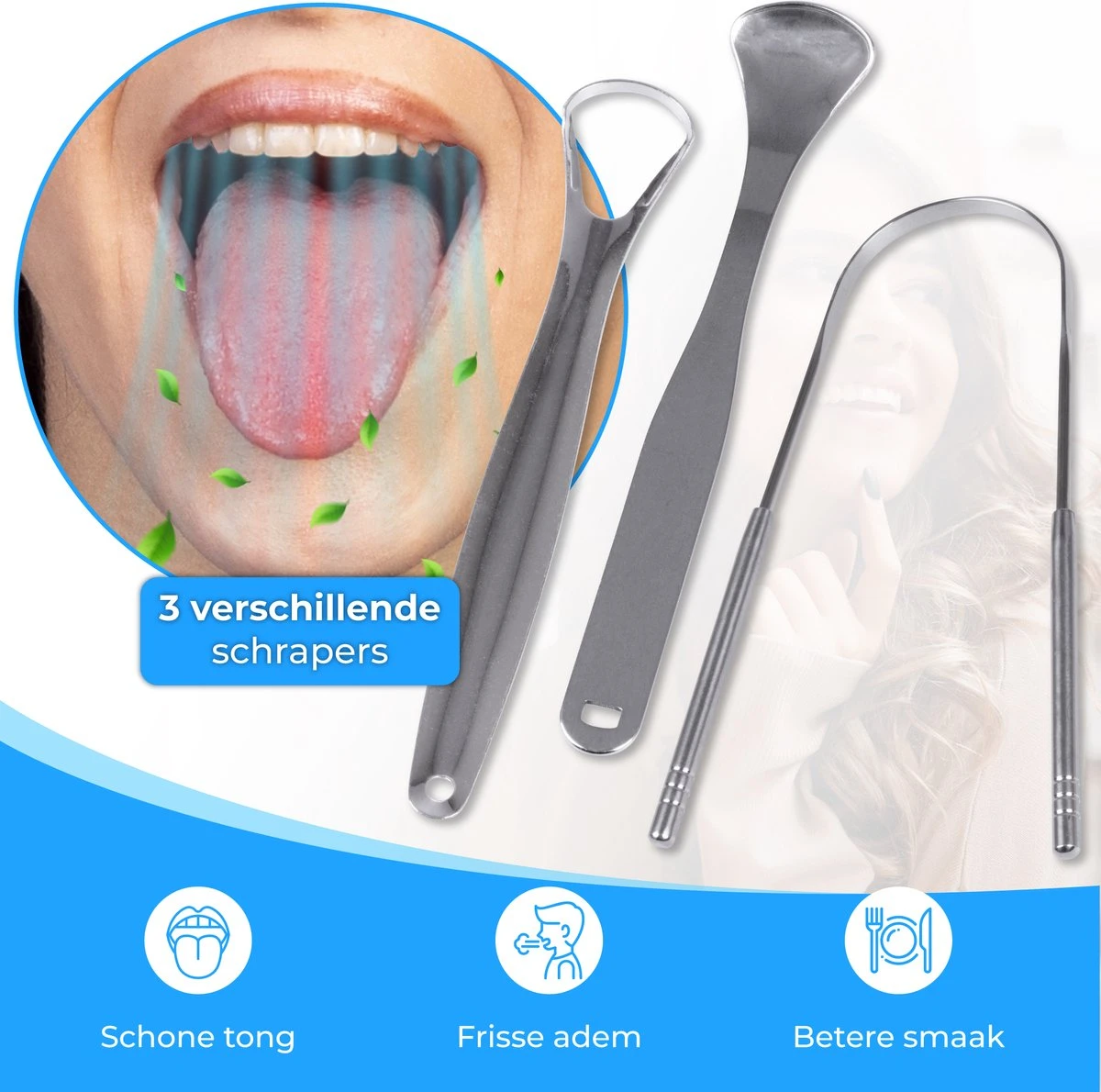 Nuvance - Professionele Tongschraper - 3 In 1 Set - Voor Mondverzorging - Tongreiniger - Tong Schraper - Tongue Scraper - RVS 4 Nuvance - Professionele Tongschraper - 3 In 1 Set - Voor Mondverzorging - Tongreiniger - Tong Schraper - Tongue Scraper - RVS - Afbeelding 2