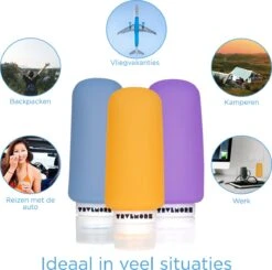 TRVLMORE Silicone Reisflesjes - Navulbaar - Handbagage - 100 ML - 3 Stuks - Oranje/Paars/Blauw -Lichaamsverzorging Winkel 1200x1192 1