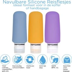 TRVLMORE Silicone Reisflesjes - Navulbaar - Handbagage - 100 ML - 3 Stuks - Oranje/Paars/Blauw -Lichaamsverzorging Winkel 1200x1193 6
