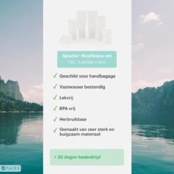 Qpacks - 8-delige Reisflesjes Set Transparant - Vliegtuig Handbagage - Navulbare Reis 100ML Flacons - Incl. Potjes & Etui -Travel - Reisaccessoires -Lichaamsverzorging Winkel 1200x1200 725