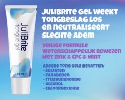 JuliBrite® Tong Gel (50ML) & Tongschraper - Reinigt Witte Tong Aanslag - Tegen Slechte Adem - Met Zink & CPC - Tongreiniger Set - Halitose & Beslagen Tong -Lichaamsverzorging Winkel 1200x959 3