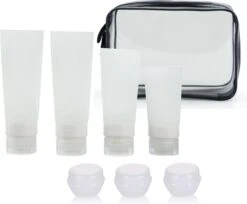 Somstyle 8-Delig Reisflesjes Set Transparant - Vliegtuig Handbagage - Toilettas Inclusief Potjes & Navulbare Flacons - Reisaccessoires - Wit